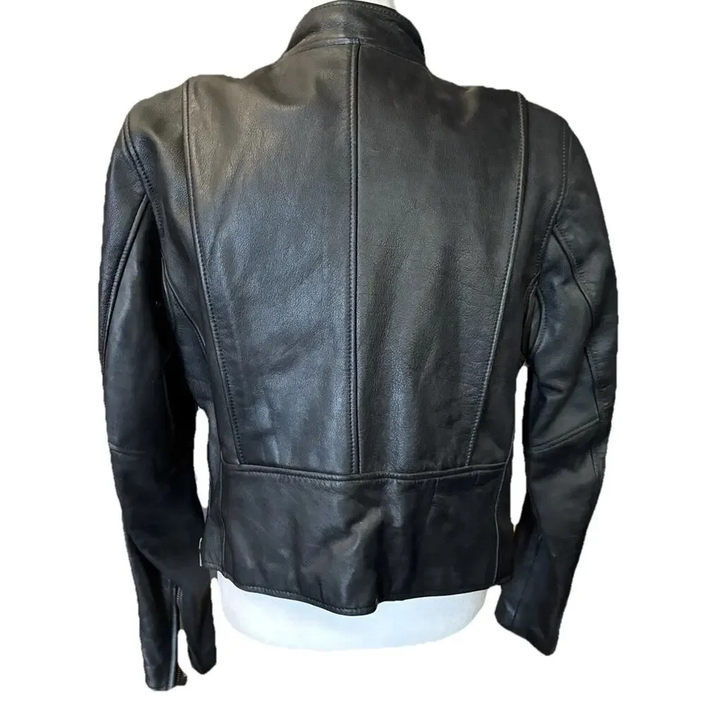 Vintage Womens Black Leather Moto Jacket Fur Lined Biker 12 Vtg Zip Liner - Picture 5 of 16